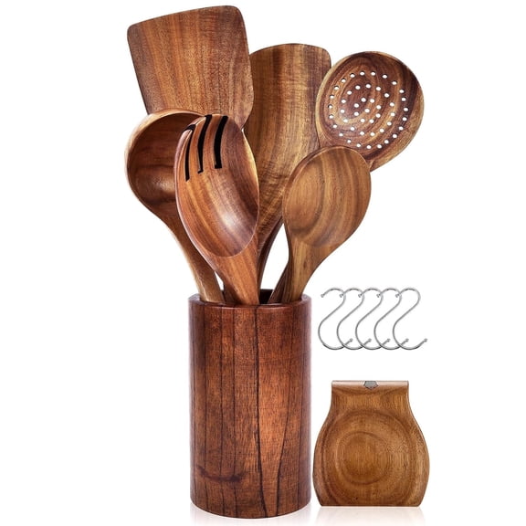 Wooden Cooking Utensils, AOKIWO 13 Pcs Kitchen Utensils Set with Holder & Spoon Rest, Teak Wood Spoons and Wooden Spatula for Cooking, Nonstick Natural and Healthy Kitchen Cookware