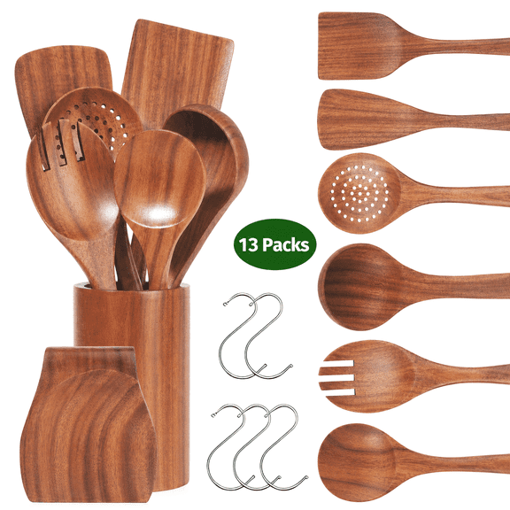 13Pcs Wooden Utensil Set with Holder, AOKIWO Natural Teak Wood Kitchen Utensil Set ,Spoons and Spatula Set with Spoon Rest, Nonstick Kitchen Cookware, Brown