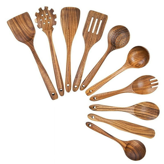 Wooden Cooking Utensils, Kitchen Utensils Set with Holder Teak Wood Spoons and Wooden for Cooking