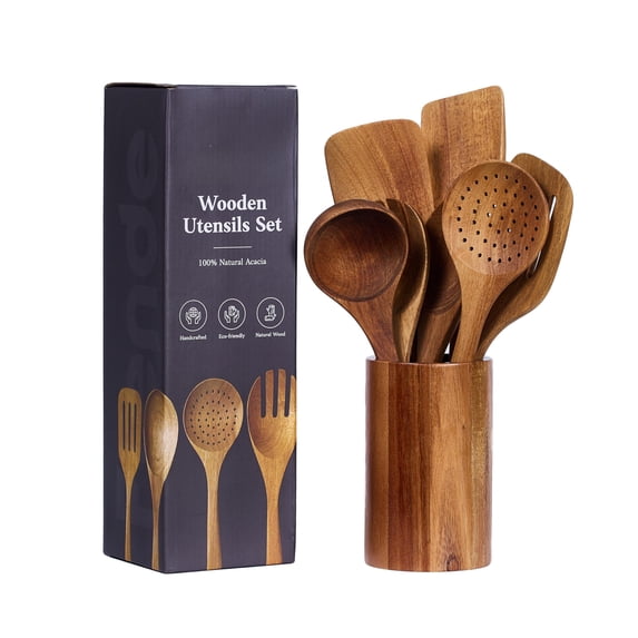 Wooden Cooking Utensils Set 8-piece Wood Rustic Non-scratch Heat Resistant Color Plastic Free Kitchen