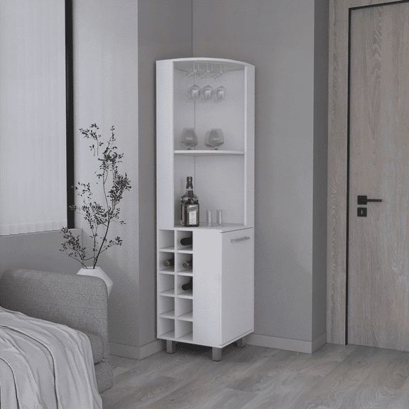 Wooden Corner Bar Cabinet with 10 Wine Cubbies & Shelves - Contemporary Style for Home Dining