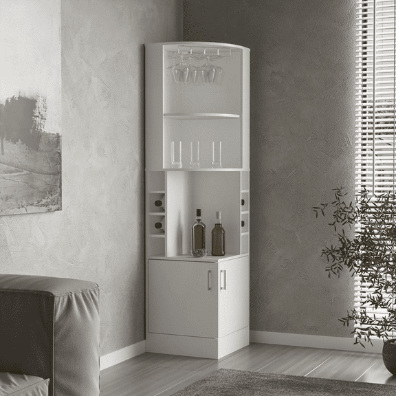 Wooden Corner Bar Cabinet with Glass Rack & 8-Bottle Wine Storage - Versatile for Home Dining & Entertainment