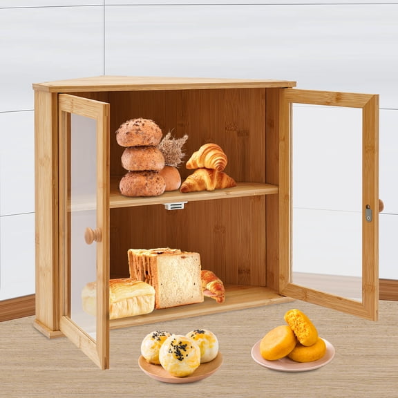 Wooden Corner Bread Box, Compact 17.5x3in Countertop Storage Unit, Two Shelves and Clear View Door, Ideal for Bakeries and Coffee Shops