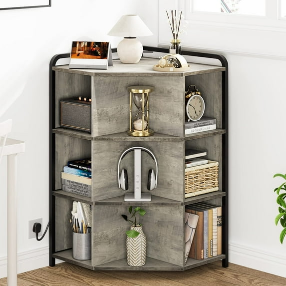 Wooden Corner Cabinet Grey Storage Cabinet Organizer with Metal Frame for Bedroom, Living Room