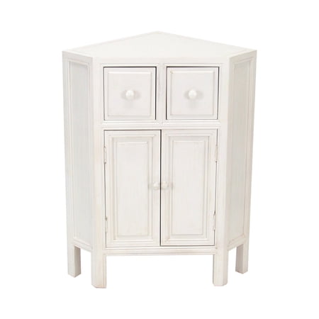 Wooden Corner Cabinet with 2 Drawers and 2 Doors, White- Saltoro Sherpi