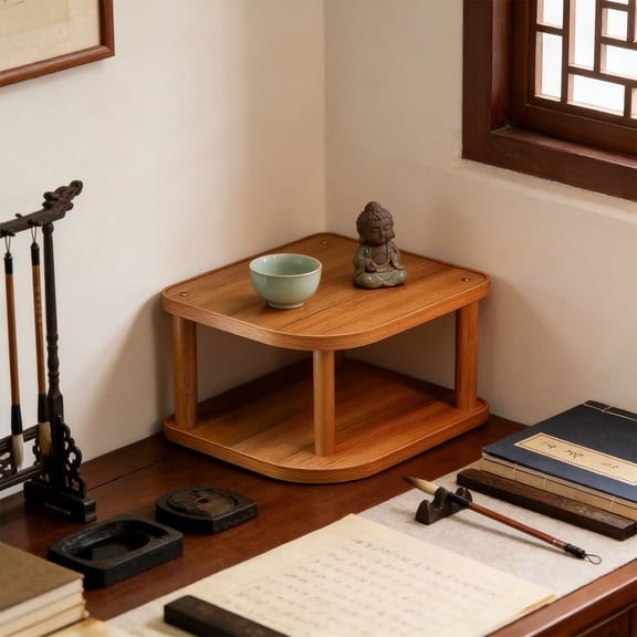 Wooden Corner Desk Organizer Shelf, 2-Tier Triangle Storage Rack for Office & Home, Space-Saving Desktop Shelf for Books, Stationery, Makeup, Small Items