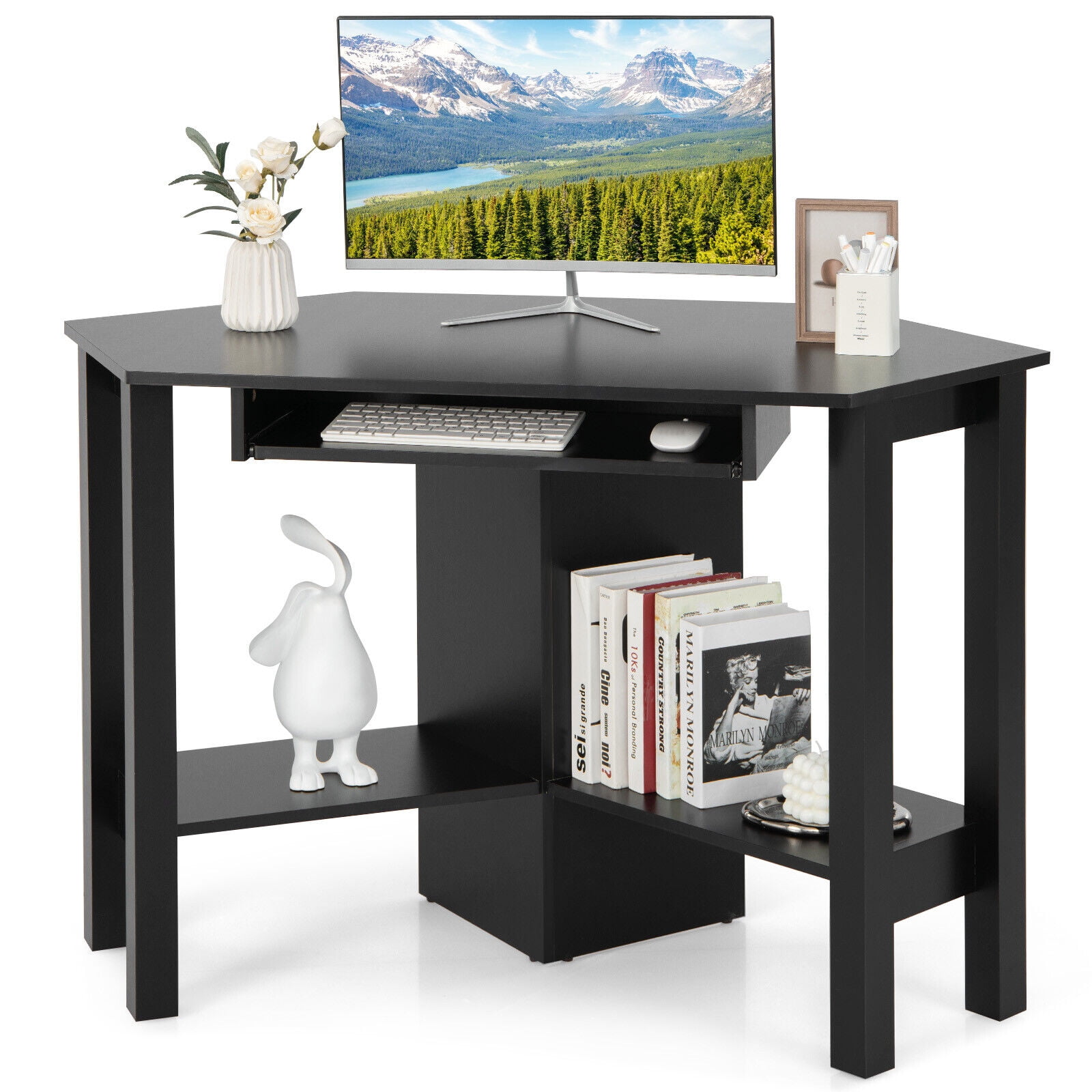 Black Wooden Corner Desk with Drawer and Keyboard Tray