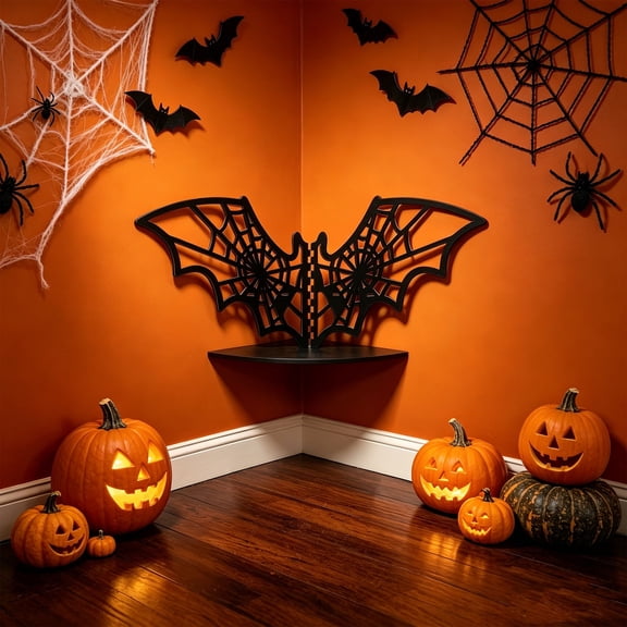 Wooden Corner Floating Shelf Gothic Hollow Wall Mount Display Rack Space Saving Small Spider Web Bat Cutout Decorative Storage Holder for Living Room Bedroom Entryway Halloween Home Decor