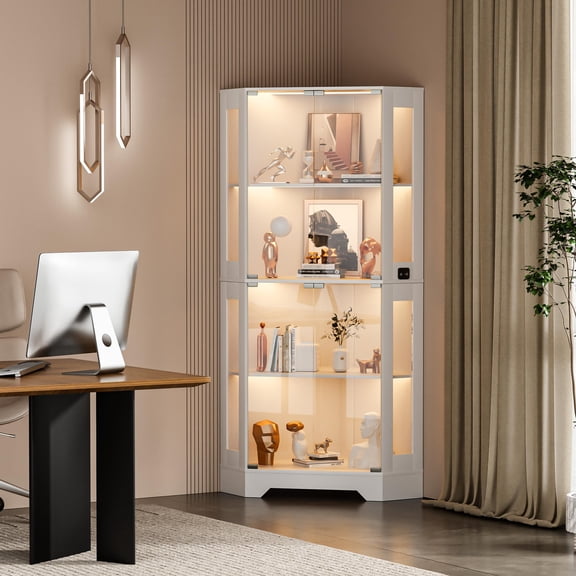Wooden Corner Glass Display Cabinet with LED Lights & Motion Sensor – 4-Tier Curio Showcase, Adjustable Tempered Shelves, Magnetic Dustproof Doors for Living Room, Dining Room