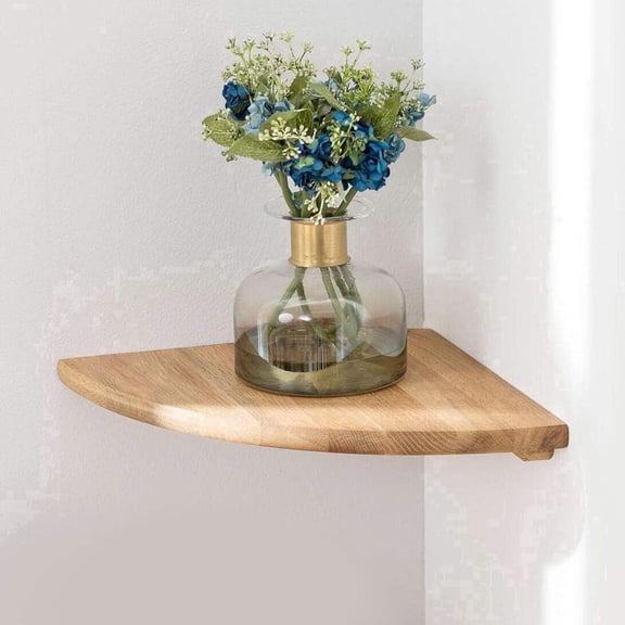 7 inch Solid Oak Wood Corner Shelf - Floating Wall Mount with Wire Hole for Plants and Speakers, Bedroom and Living Room