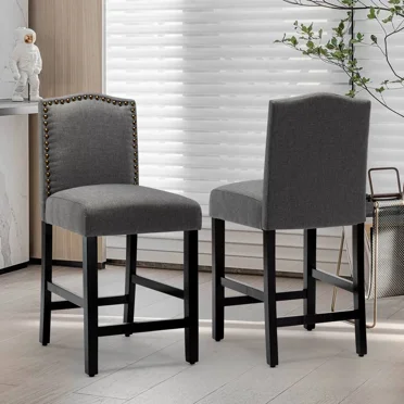 Wooden Counter Height Fabric Upholstered Bar Stool with Nail Head Trim, Gray, Set of 2