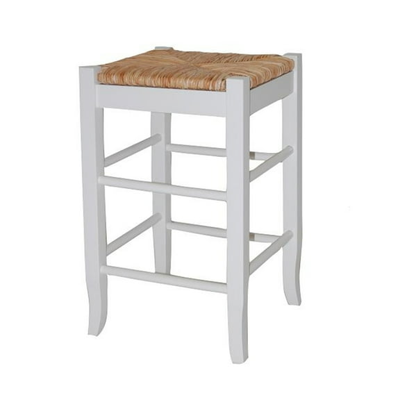 Wooden Counter Stool, Handwoven Rush Seat, 24" Height, White & Brown