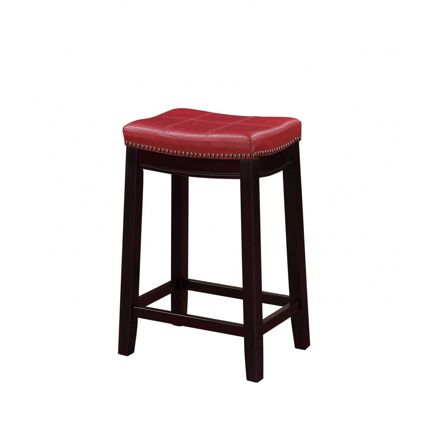 Wooden Counter Stool With Faux Leather Upholstery, Red And Brown