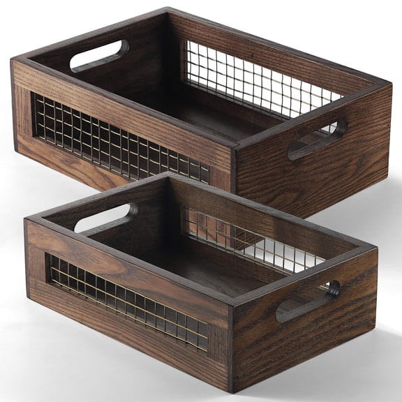 Wooden Countertop Basket Set of 2 for Kitchen and Pantry Storage with Wall Mount Accessories Rustic Nesting Crates Organizer for Vegetables Bread and Produce