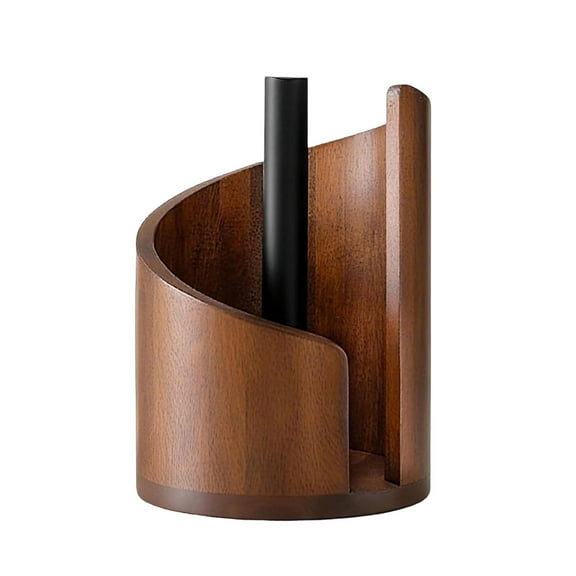Wooden Countertop Paper Towel Holder, Round Wood Base with Sturdy Iron Rod, One-Handed Operation Design Perfect for Kitchen and Bathroom to Keep Towels Easily Accessible, Brown, 1pcs
