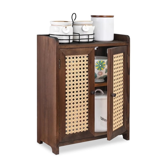 Wooden Countertop Storage Cabinet with Magnetic Rattan Doors, Kitchen Pantry Cabinet with Removable Shelves, Coffee, Snack, Cup Organizer, Dark Brown Color, 12.1W x 6.1D x 15.7H in