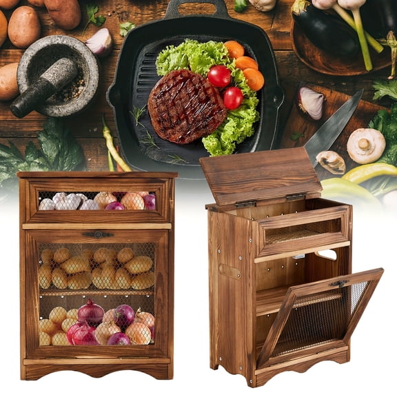Wooden Countertop Storage Cabinet Potato And Onion Bin Box Wooden Bread Storage Bins Potato Container with Lid for Kitchen Pantry, 11.8 X 6.8 X 16 Inch