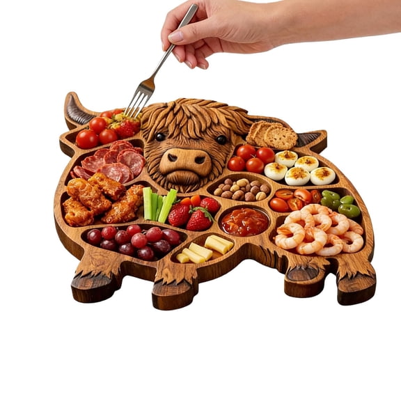 Wooden Cow Charcuterie Board,Rustic Farmhouse Serving Board Made from Natural Solid Wood with Compartments for Cheese,Meat,Fruit & Snacks-11.4x10.6 Inches(Khaki)