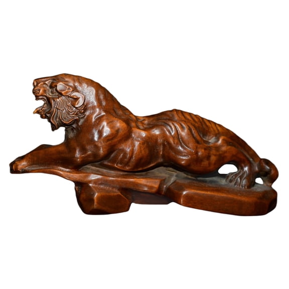 Wooden Craft Ornament Carved Tiger Sculpture Figurine Statue Mountain Feng Shui Oriental Protective Courage Power Authority