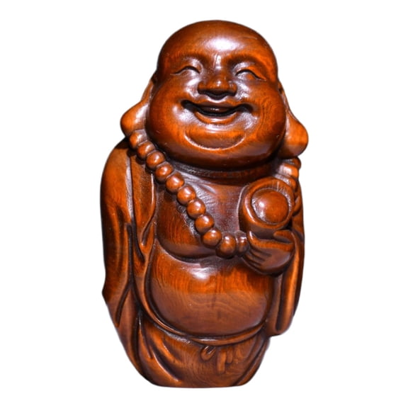 Wooden Craft Ornament Handcarved Laughing Buddha Figurine Sculpture Chinese Traditional Artisan Joy Fortune Harmony Tolerance