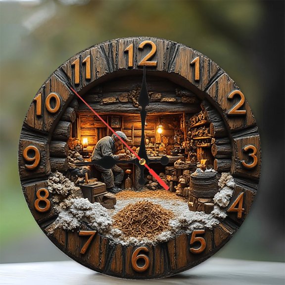 Wooden Craftsman Workshop Clock Wall Decor 10-Inch Silent Wooden Wall Clock, Battery Operated (AA Batteries Not Included), Artistic Home Decor