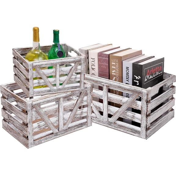 Wooden Crate Set of 3 Nesting Wooden Storage Crates for Storage,Farmhouse Decorative Storage Boxes with Cutout Handle for Home Organization,Display & Decor-White (Large Medium Small)