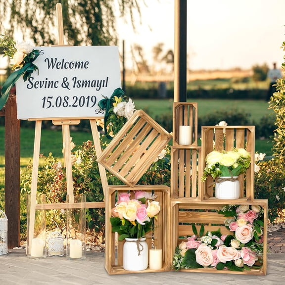 Wooden Crates for Display 6 Pack Large Rustic Nesting Wooden Basket with Handle, Decorative Farmhouse Wood Crate for Storage and Container, 6 Size Wood Basket Decor Boxes