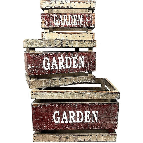 Wooden Crates Fruit Basket Decorative Kitchen Storage Garden Decor by PKD (Set of 3)