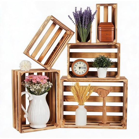 Wooden Crates for Display 6 Pack Rustic Nesting Stackable Wood Storage Boxes with Handles for Home Decor, Shelves, Wedding and Farmhouse Organizer
