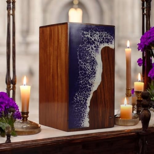 Wooden Cremation Urn for Human and Pet Ashes, Memorial Urn, Burial Urn, Keepsake Urn, Adult Urn with Epoxy Design (Large)