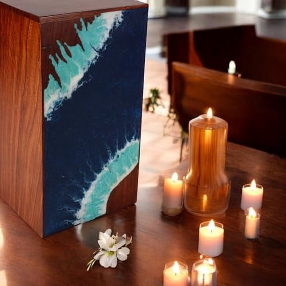 Wooden Cremation Urn for Human and Pet Ashes, Memorial Urn, Burial Urn, Keepsake Urn, Adult Urn with Epoxy Design (Small)
