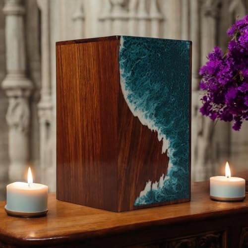 Wooden Cremation urn for Human and pet Ashes (Sea Green Sea & Waves, Keepsake, Sea)