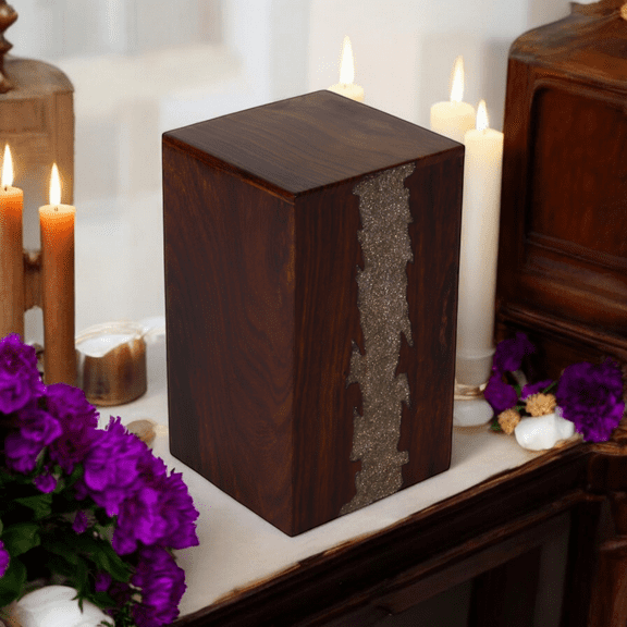Wooden Cremation urn for Human and pet Ashes (Sparkle Golden, Large, River)
