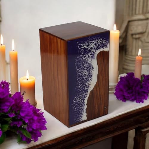 Wooden Cremation urn for Human and pet Ashes (Violet Sea & Waves, Small, Sea)