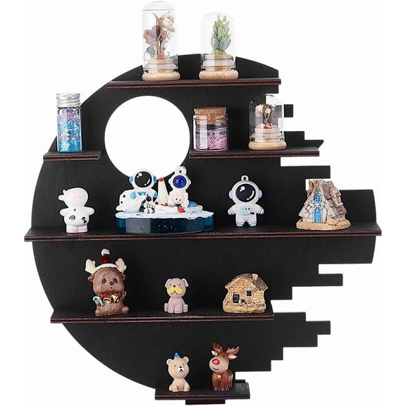 Wooden Crescent Moon Shelf Wall Decor 5-Tier Floating Shelves Black Wall Mounted Minifigures Organizer Display Shelf Figurine Display Shelf Wall Mount for Bedroom Dorm Nursery