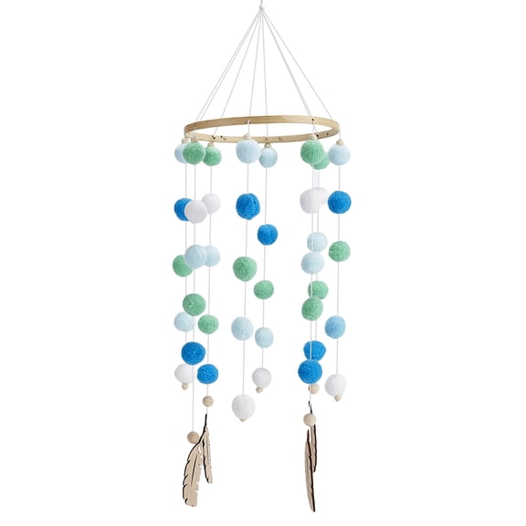 Wooden Crib Mobile Wind Chimes  Felt Ball & Feather Pendant Hanging Baby Mobile, Soothing Nursery Decoration