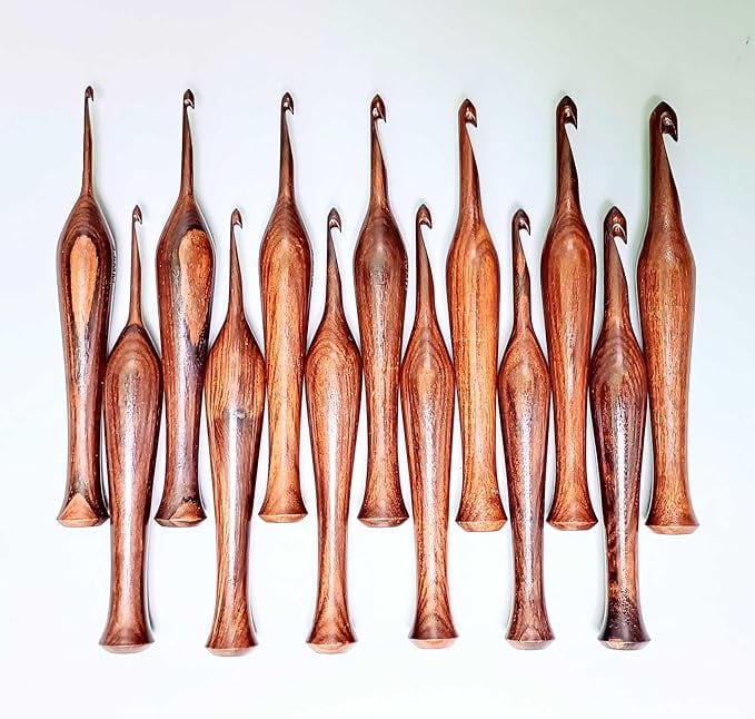 Wooden Crochet Hooks Set of 13-3.5mm to 12mm - Rosewood Crochet Hooks for Arthritic Hands - for Crocheting & Knitting - Ergonomic Soft Grip Handle Crochet Hooks - Gifts for Her(Dsg4, Hooks + Bowl)