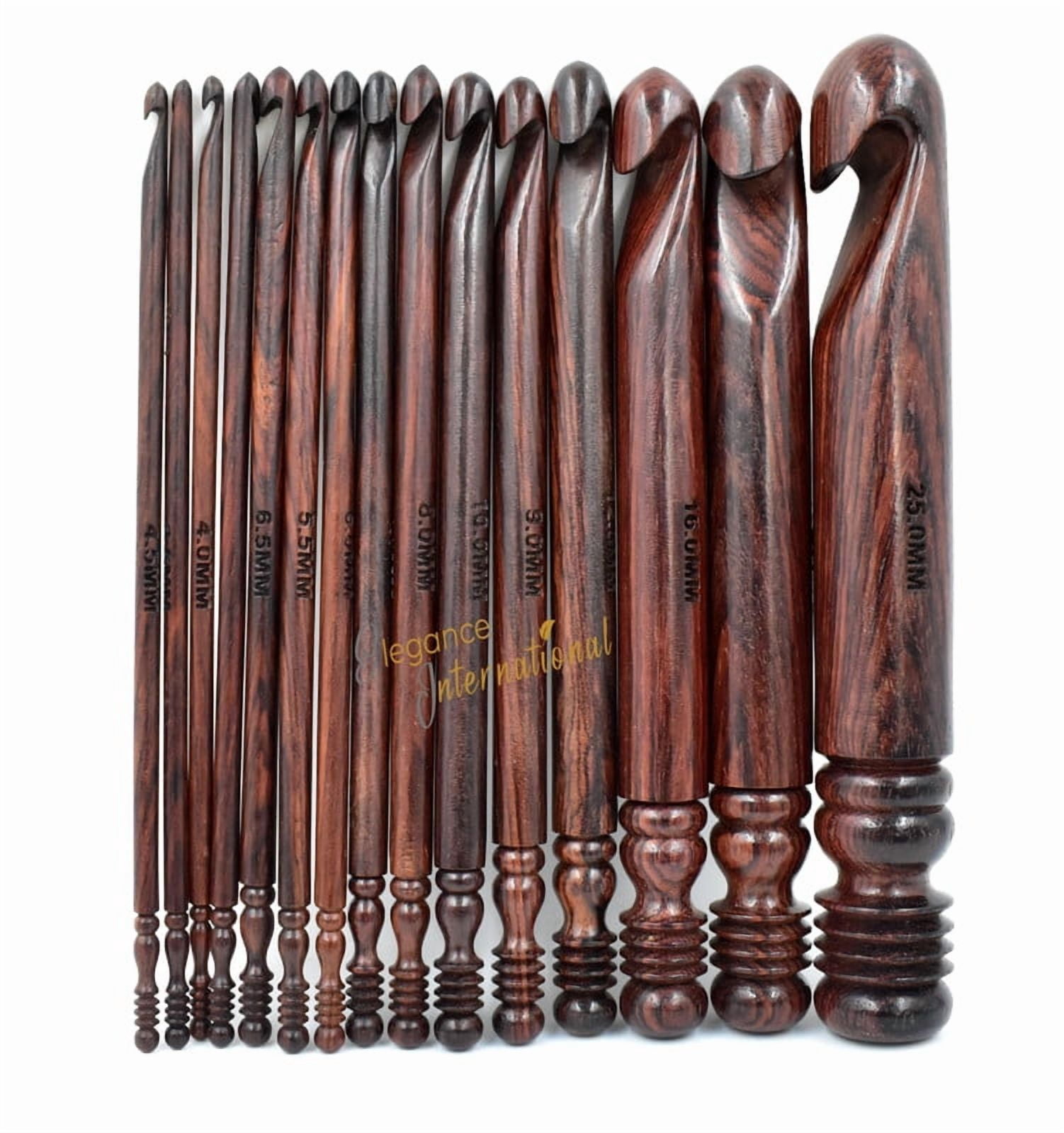 Wooden Crochet Hooks Set of 15-3.5mm to 25mm - Rosewood Crochet Hooks for Arthritic Hands- Crochet Hooks Ergonomic Soft Grip Handle - for Crocheting & Knitting - Christmas Gifts(Hooks, Bowl, Stand)