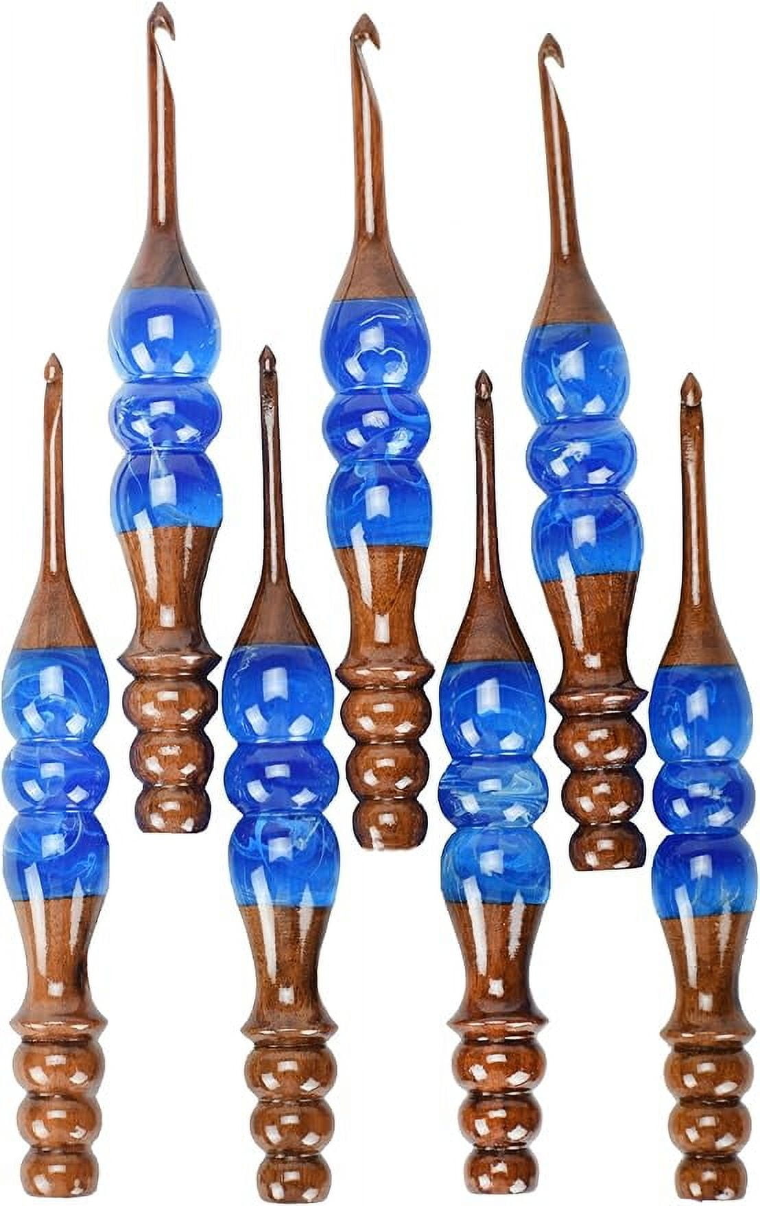 Wooden Crochet Hooks Set for Arthritic Hands | 4mm to 10mm - Ergonomic Soft Grip - Resin Mix Indian Rosewood Crochet Hook Set for Crocheting & Knitting ( Blue, Set of - 7 )
