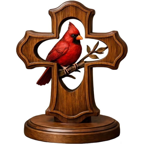 Wooden Cross with Cardinal Figurine,Red Bird Symbol of Hope & Remembrance Christian Decor, Memorial Gift with Cardinal and Branch Design,Faith-Based for Living Room Shelf Mantel(M)