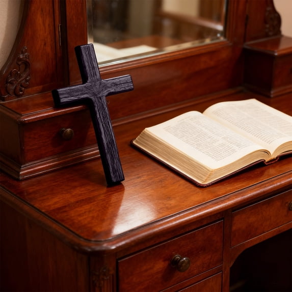 Wooden Cross Decor Handmade Solid Wood Easter Tabletop Ornament for Home Church Desk Christian Gift(Wine)