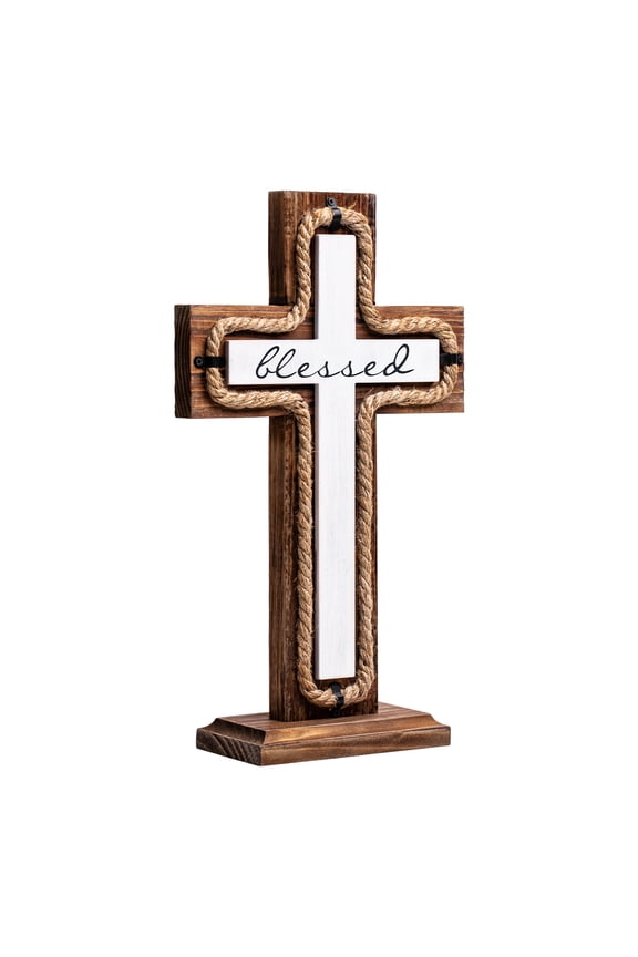Wooden Cross with Detachable Base, "Blessed" Tabletop & Wall Hanging Decor, Farmhouse Christian Home Accent, Spiritual Religious Gift for Baptism, Easter, Housewarming