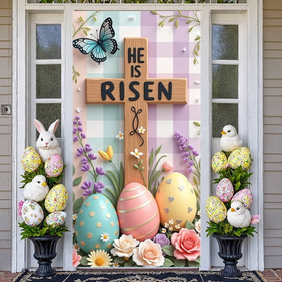 Wooden Cross Easter Banner Colorful Eggs Resurrection Display Purple Lavender Pink Roses Christian Backdrop for Easter Celebration Church Event Religious Gathering