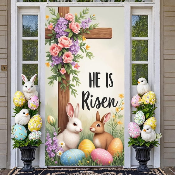 Wooden Cross Easter Banner Floral Decor Resurrection Display Pink Purple Flowers Easter Bunny Cross Backdrop for Easter Celebration Church Event Home Decoration