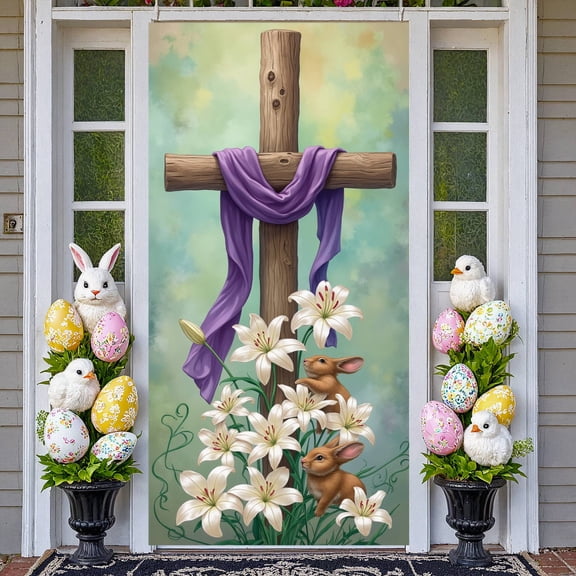 Wooden Cross Easter Cross Banner Purple Fabric Resurrection Display White Lilies Little Rabbits Easter Lily Backdrop for Easter Sunday Church Service Religious Gathering