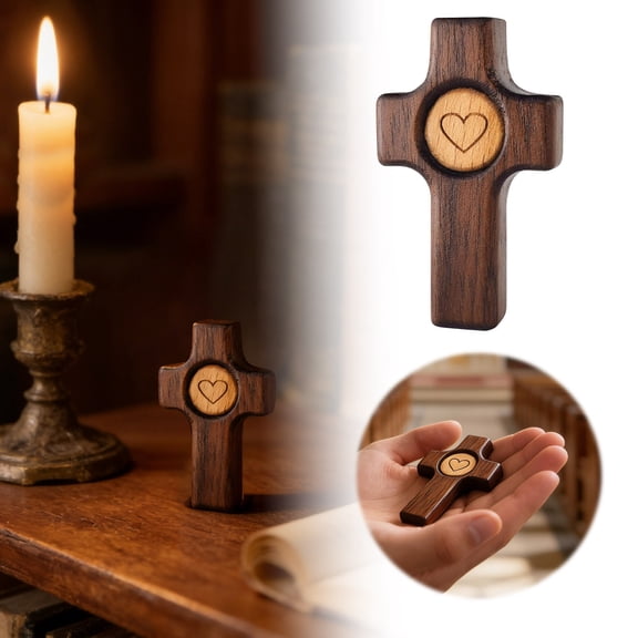 Wooden Cross Fidget Cross My Heart, Walnut Small Prayer Crosses for Hand and Pocket, Stress Relief Encouragement Christian Birthday Easter Gift for Family, with Organza Bags for Church Praying