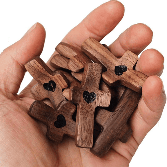 Wooden Cross Fidget with Organza Bags Cross My Heart/ Encouragement Gift Handcrafted Walnut Pocket Cross Handheld Prayer Stress Relief Christian Faith Gifts Religious Easter Day Gifts(A/1PC)