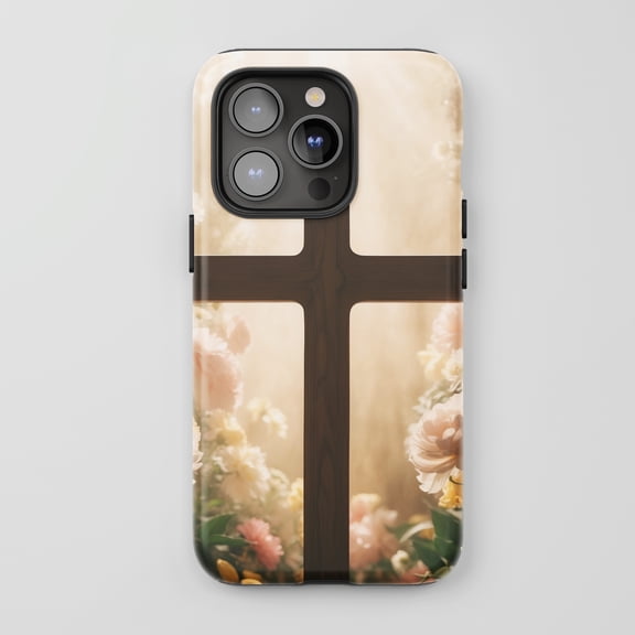 Wooden Cross For All iPhone Series Protective Phone Case Christian Floral Art Light Brown Pastel Bloom