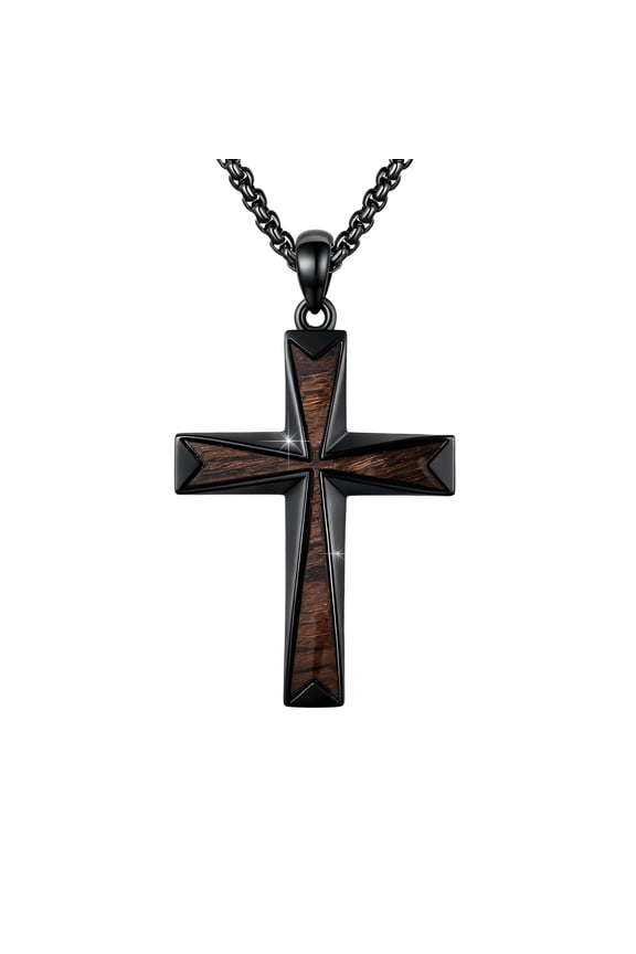 Wooden Cross Necklace for Men 925 Sterling Silver Black Cross Real Ebony Crucifix Jewelry Father's Day Birthday Gifts for Him, Dad, Husband, Brother 2mm Stainless Steel Adjustable Chain 22+2‘’