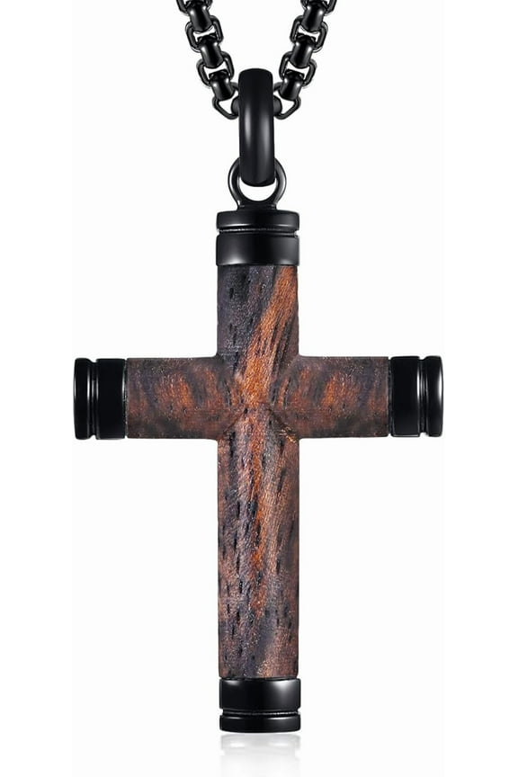 Wooden Cross Necklace for Men-Hawaiian Real Handmade Ebony Wood Cross Pendant Necklace Stainless Steel Chain, Mens Brown Cross Necklaces Koa Wood Jewelry Christian Baptism Crucifix Pendant for Men
